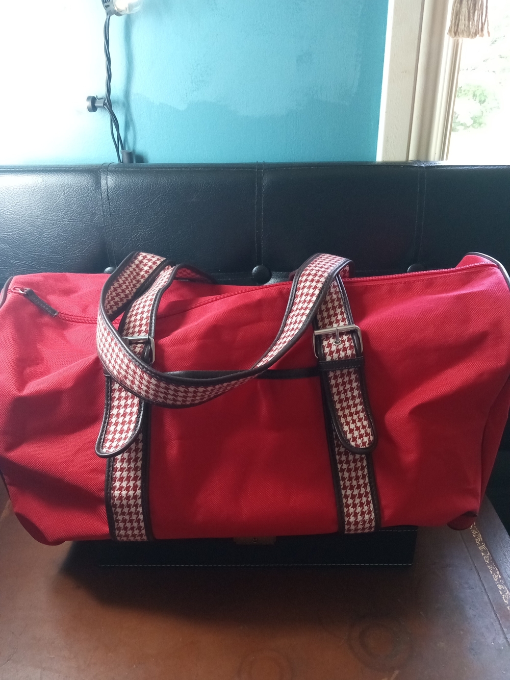 Tommy Hilfiger Vintage Red Canvas Carry On Bag with Patterned Straps
